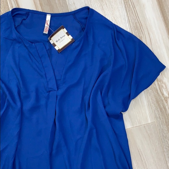 Royal Blue Short Sleeve V Neck Blouse Top - Picture 4 of 8